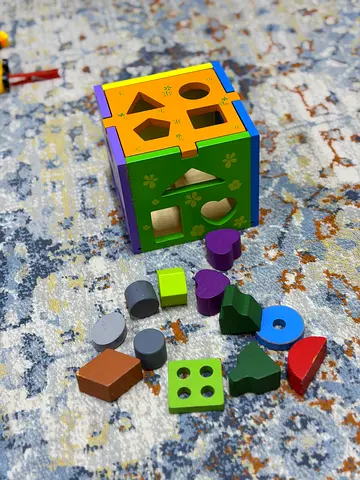 Wooden Shape Sorter Box with 12 Colorful Blocks — Good Condition