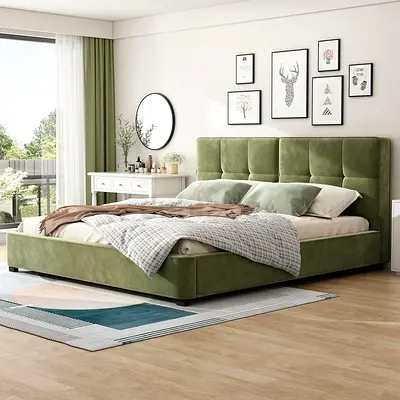 Green Upholstered King Bed with Padded Headboard