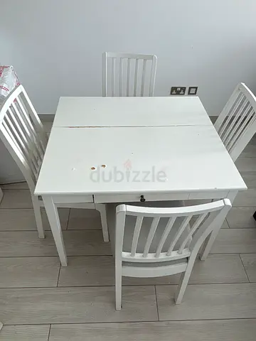 White Wooden Dining Table with 4 Matching Chairs - Compact