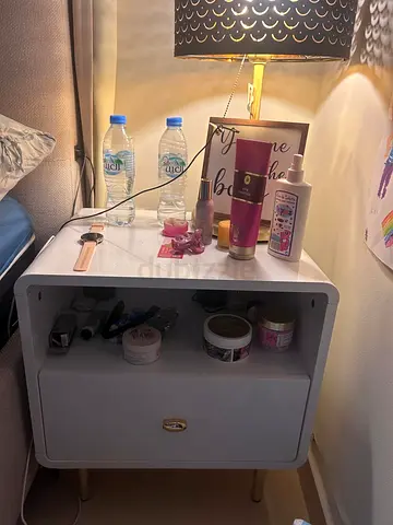 Pair of white Marble-Top Bedside Table with Drawer and Gold Legs: 55H x 50W x 45D (cm).