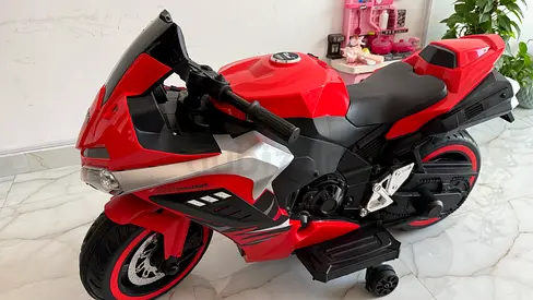 Red Electric Ride-On Sports Bike for Kids with Training Wheels