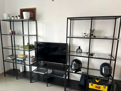 Black Metal Shelving Units + TV Stand — Set of 3, Excellent Condition