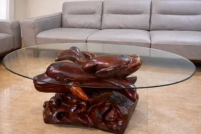 Hand-Carved Wooden Dolphin Base Coffee Table with Oval Glass Top