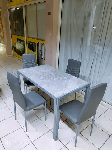Modern Grey Marble-Top Dining Table with 4 Upholstered Chairs