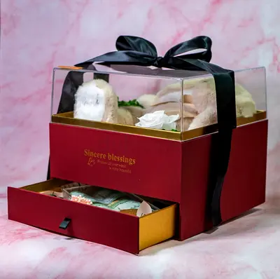 Set of Two Plush Bunny Stuffed Toys in Gift Box with Drawer and Chocolate in Drawer, baby gift Quali