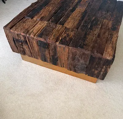 Solid Chunky Reclaimed Wood Coffee Table with Brass Base