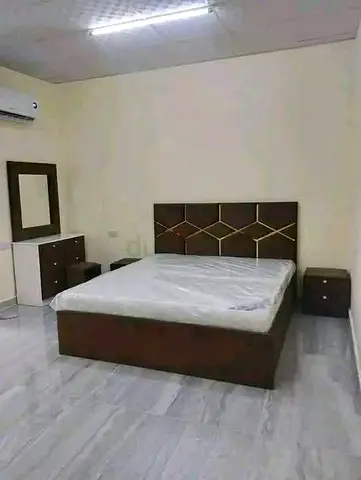 Queen bed frame with mattress, bedside tables and dressing table - dark wood