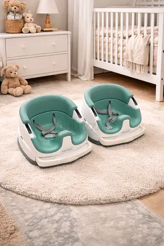 Pair of Baby Floor Seats with Safety Harnesses - Teal/White with tray