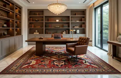 Spacious Home Office Setup with Large Traditional Area Rug