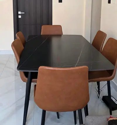 Black Marble-Effect Dining Table with 6 Brown Leather Chairs