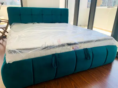 Queen Sized Teal Upholstered Bed Frame with Headboard (spring mattres)