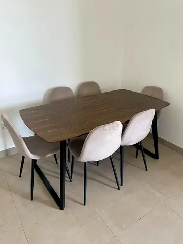 Wooden Dining Table with 6 Beige Upholstered Chairs - Modern Set
