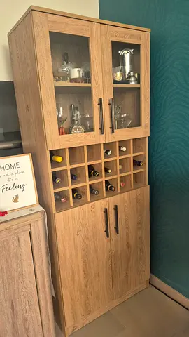 Oak-effect sideboard with glass display and built-in wine rack