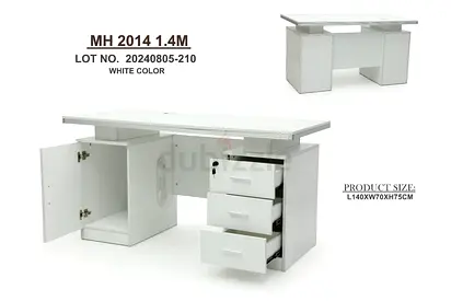 White Office Desk with 3 Drawers and Cabinet - 140cm