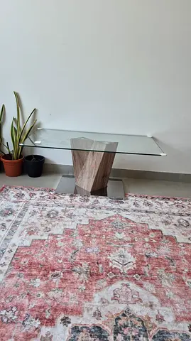Glass Top Coffee Table with Geometric Wooden Base