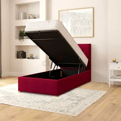 Maroon velvet upholstered single hydraulic storage bed