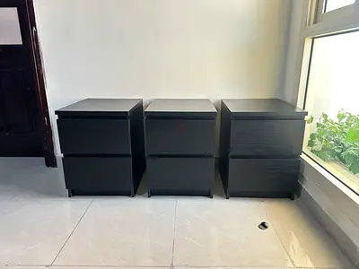 Set of 3 Black Bedside Nightstands with Drawers