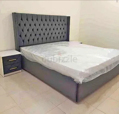 Brand New King-sized upholstered  bed with Mattress tufted headboard (grey) and Nightstand