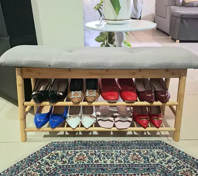 Wooden Shoe Bench with Padded Seat — Light Oak, Holds 8+ Pairs