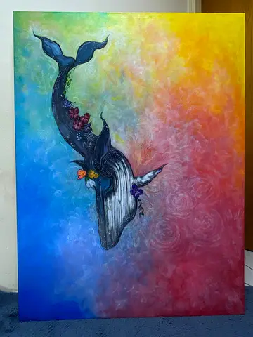 Original Acrylic Whale Painting on Canvas — Colorful Gradient Background