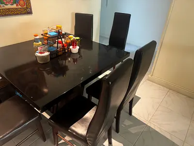 Black Gloss Top Dining Table with 6 Leather Chairs
