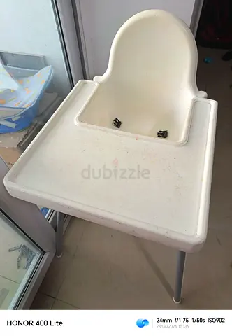 Simple white baby high chair - sturdy plastic with tray