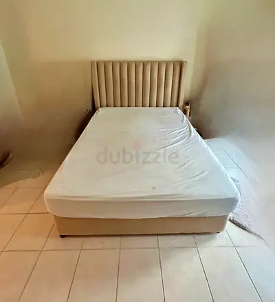 Beige Upholstered Double Bed with Headboard - Good Condition