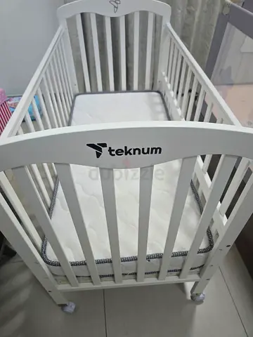 White Teknum Wooden Baby Crib with Mattress — Good Condition