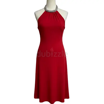 Red Halter Neck Dress with Embellished Collar -Size M
