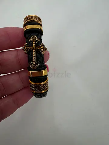 Black Braided Leather Bracelet with Gold Cross Detail