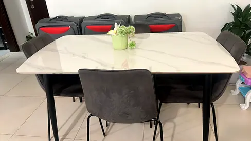 Marble-top Dining Table with 4 Grey Velvet Chairs - Excellent Condition