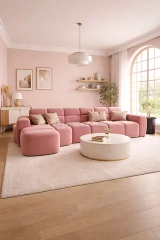 Pink Modular Sectional Sofa with Ottoman - Comfortable 6-Seater