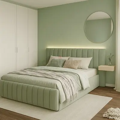 Queen upholstered bed frame with padded headboard — mint green