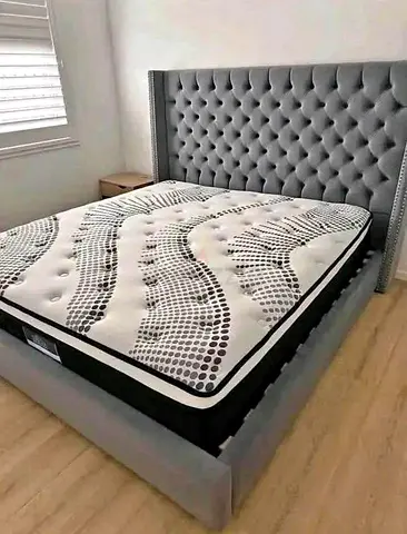 Grey Tufted King Bedframe with Mattress (Good Condition)