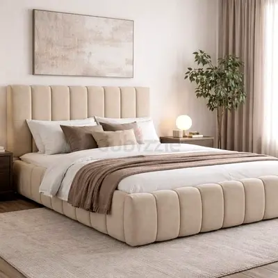 Beige Upholstered King Bed Frame with Padded Headboard