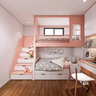 Pink loft bunk bed with built-in storage and study desk (kids)