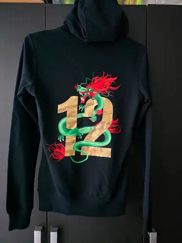 Black hoodie with colorful dragon and 12 back print - Medium