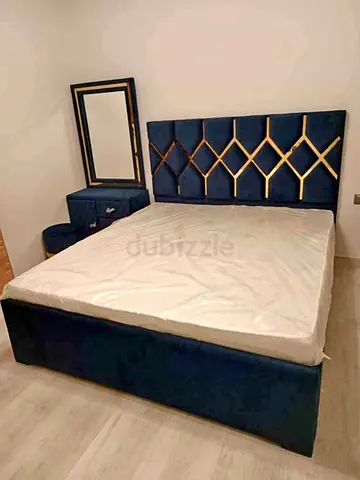 Brand New Blue Velvet Queen size Bed with Headboard, Storage Base and Matching Vanity Set