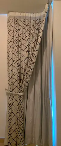 Pair of Light-Blocking Curtains with Geometric Pattern (Beige/Gray) - Good Condition