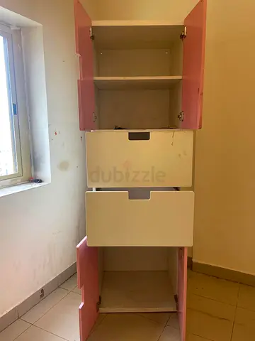 Tall Pink  White Storage Cabinet with Shelves and Drawers