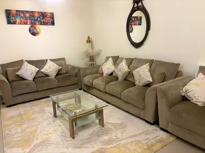 3-Piece Beige Sofa Set with Glass Coffee TableGood Condition