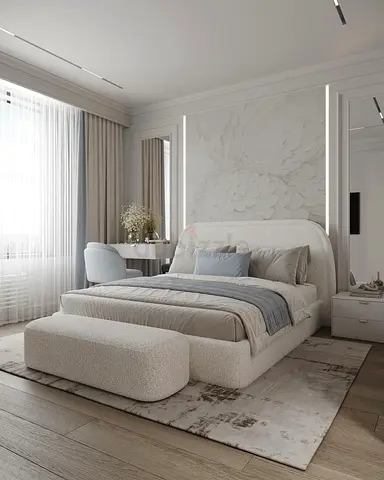 Modern upholstered king bed with bench — light neutral bouclé