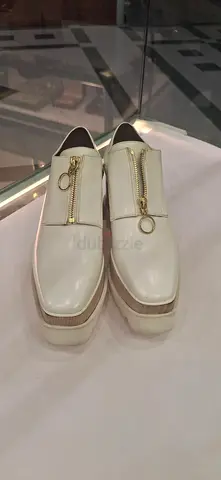 White Leather Slip-On Loafers with Front Zipper (Size Unknown)