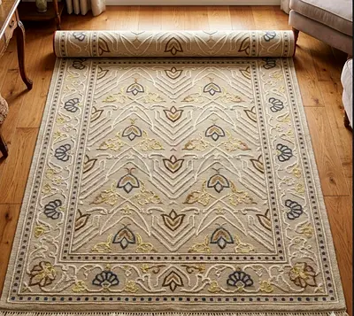 Carpet Beige  Gold Patterned Wool Rug — 250x300cm (Good Condition) TURKEY