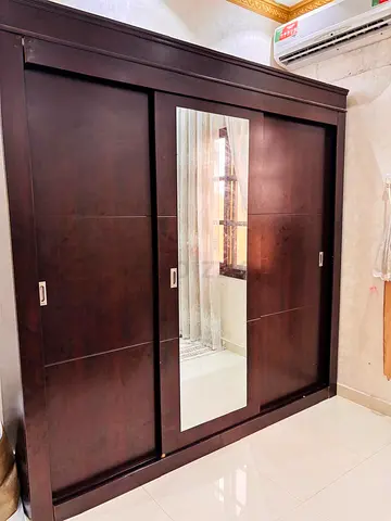 Solid Wood Sliding Door Wardrobe with Center Mirror - Dark Brown