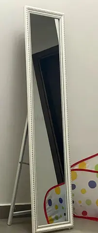 Full-Length White Freestanding Mirror with Beaded Frame