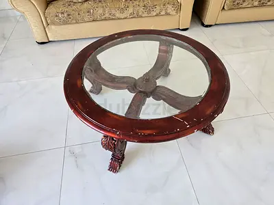 Two x Round Glass Top Wooden Coffee Table with Carved Legs