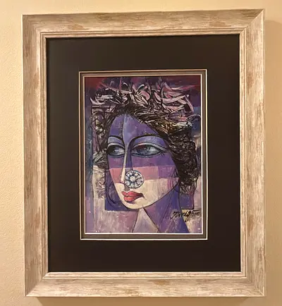 Framed Artwork with Distressed Wood Frame - famous Pakistani artist Tariq Javed.