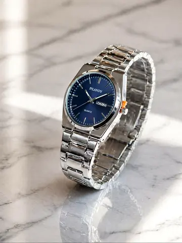 Silver Mens Stainless Steel Wristwatch with Blue Dial (Quartz, Day/Date)