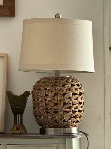Woven Rattan Table Lamp with Fabric Shade - Good Condition